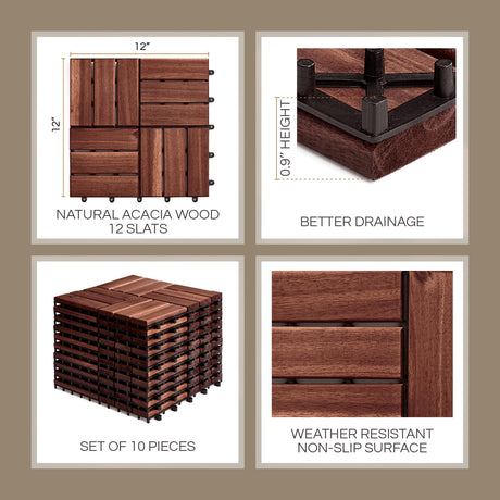 THYOI 10 Pcs Interlocking Deck Tiles 12" x 12", Patio Flooring Outdoor Waterproof, Acacia Wood Tiles All Weather, Floor Tiles for Balcony, Backyard, Indoor and Outdoor use (Round Joint, Dark Brown) THYOI