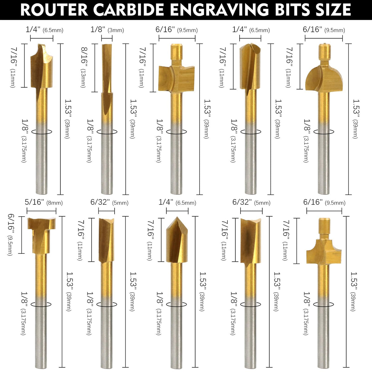 Renyu 10 Pcs HSS Router Carbide Engraving Bits, 1/8"(3mm) Shank Carbide Engraving Bit Set for Carving, Drilling, DIY Woodworking, Trimming RENYU