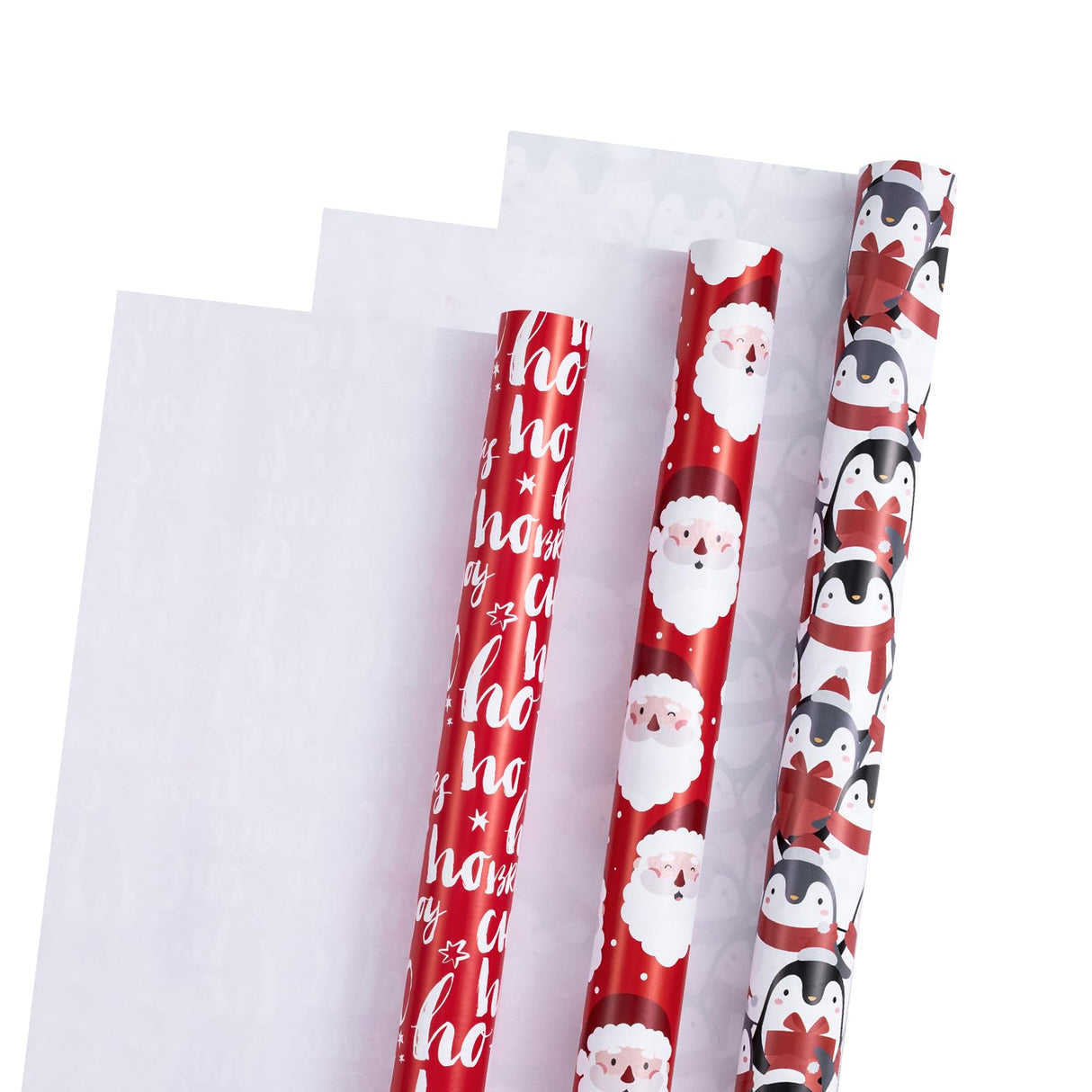 LeZakaa Christmas Wrapping Paper Roll - Mini Roll - 3 Rolls - 17 Inch X 120 Inch Per Roll - Red & White Penguins, Ho, Santa Claus, Christmas Elements Holiday Collection LeZakaa