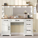 YUMPIE 55”Farmhouse Vanity Desk with Large Mirror & Lights, Glass Top Large Makeup Vanity Table with 10 Hollywood Lights Bulbs, Charging Station, 5 Drawers, Dressing Table for Bedroom, Rustic White YUMPIE