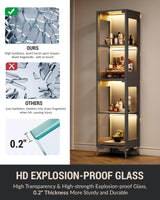 Glass Display Cabinet with Single Door, 4-Tier Display Case with Adjustable Shelves, RGB LED Lights with App & Remote Control, Metal Base Curio Storage Cabinet for Collectibles, Books, Living Room Zephome