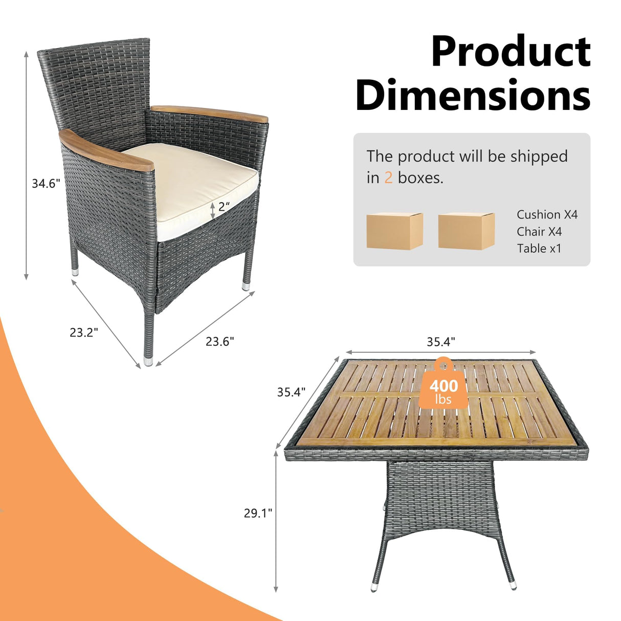 RoyalCraft 5 Piece Patio Wicker Dining Sets for 4, Water-Resistant Rattan Outdoor Dining Table and 4 Chairs with Wood Table Top, Conversation Set Removable Cushions for Deck, Garden, Backyard, Gray RoyalCraft