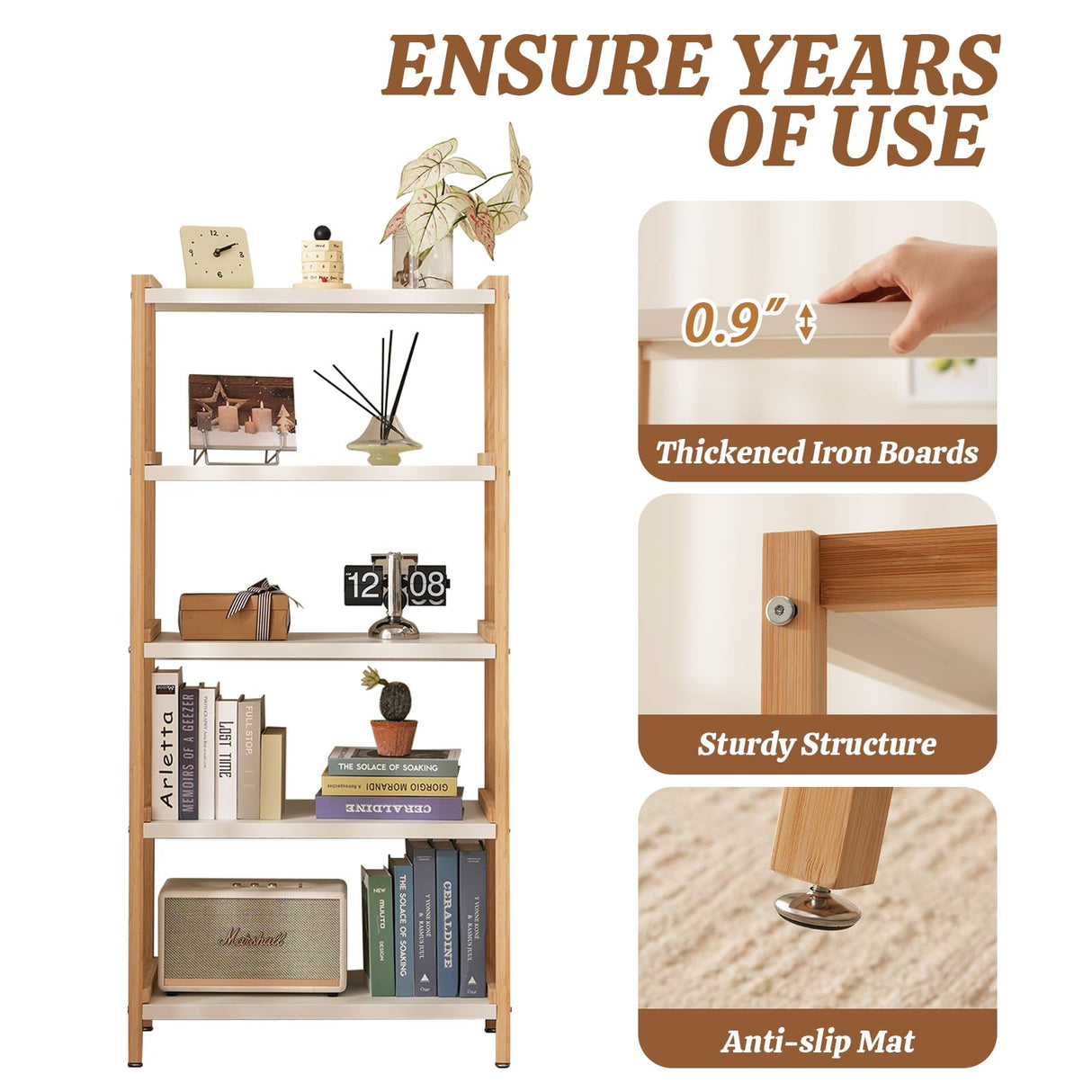 Baveke 5-Tier Bamboo Shelf Bookcase Modern Open Bookshelf Free Standing Storage Rack Display Shelf Display Bamboo Bookshelf Standing Shelf Open Shelving Unit Baveke