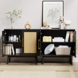 LYNSOM Buffet Cabinet with Storage, Sideboard Buffet Storage Cabinet with Rattan Decorated Doors, Set of 2 Accent Cabinet with Solid Wood Feet for Living Room, Entry, Hallway, Black LYNSOM