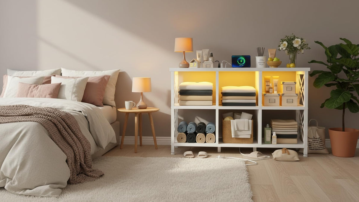 DurayLoly 6 Cube Storage Organizer with LED Light and Charging Station, Wood and Metal Cube Shelf, White Horizontal Book Shelf for Bedroom, Home Office DurayLoly