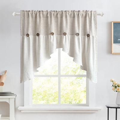 AiFMQQ Farmhouse Boho Linen Button Arched Valance Curtains for Kitchen Window Dining Room Cafe Valance for Small Windows Bathroom Macrame Valances Rod Pocket 1 Panel (Beige Arched, W52 L35 inch)