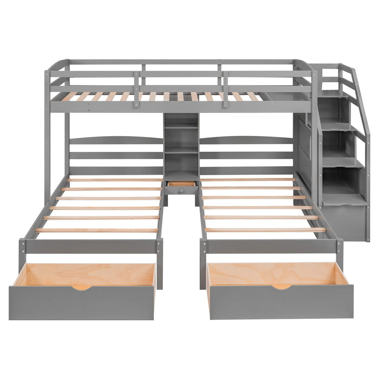 Triple Bunk Beds with Stairs and Storage Drawers, Twin Over Twin&Twin Bunk Bed for 3 Kids, Wooden 3 Bunk Beds Frame with Built-in Shelves for Kids,Teens, Adults, No Box Spring Needed (Gray) Harper & Bright Designs