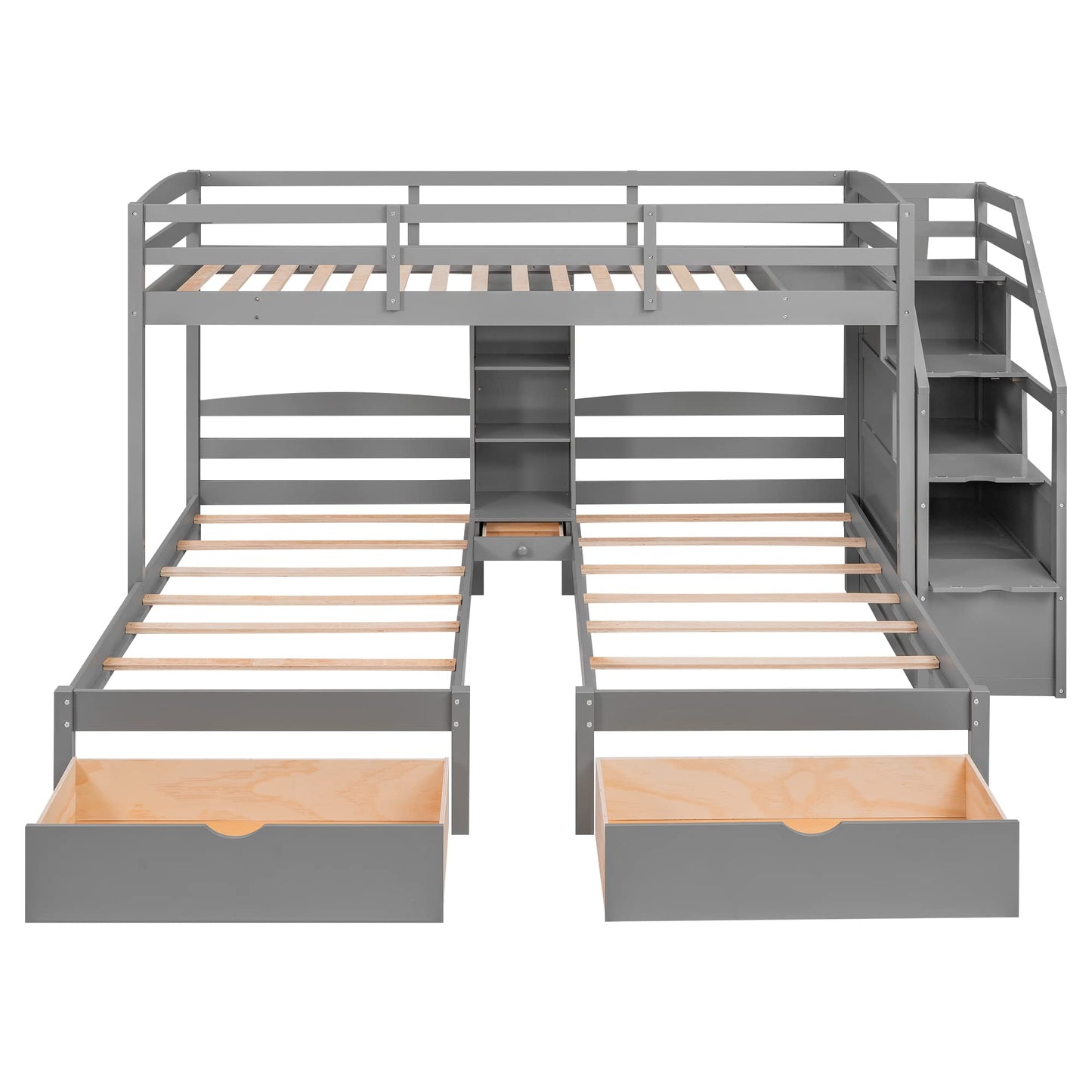 Harper & Bright Designs WoodenTriple Bunk Beds with Stairs & Storage Drawers,Twin Over Twin Bunk Bed for 3 Kids,3 Bunk Beds Frame with Built-in Shelves for Kids,Teens,Adults,No Box Spring Needed,Gray