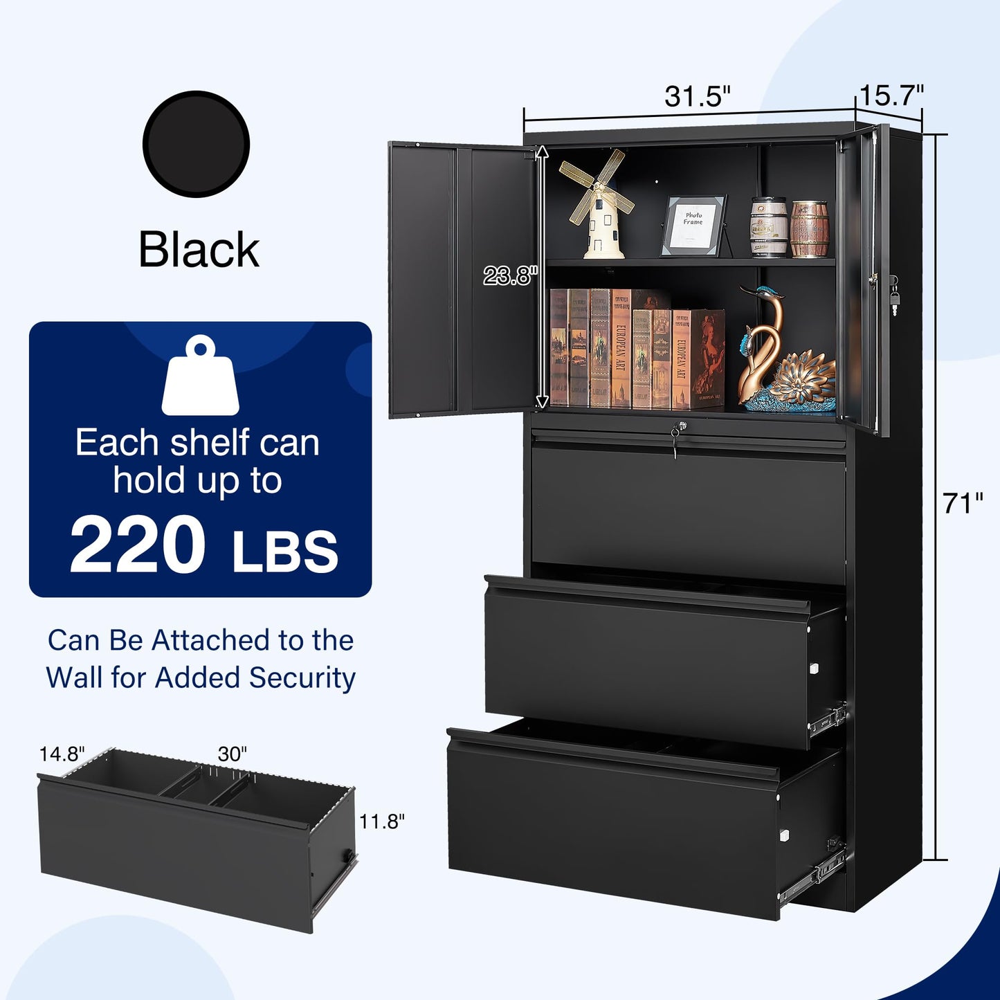 Yizosh Metal Storage Cabinet with 3 Drawers - 71" Steel Lockable File Cabinet for Home Office, Locking Cabinet with 2 Doors and 1 Shelves for Living Room, Pantry, Gym, Commercial Storage - WoodArtSupply