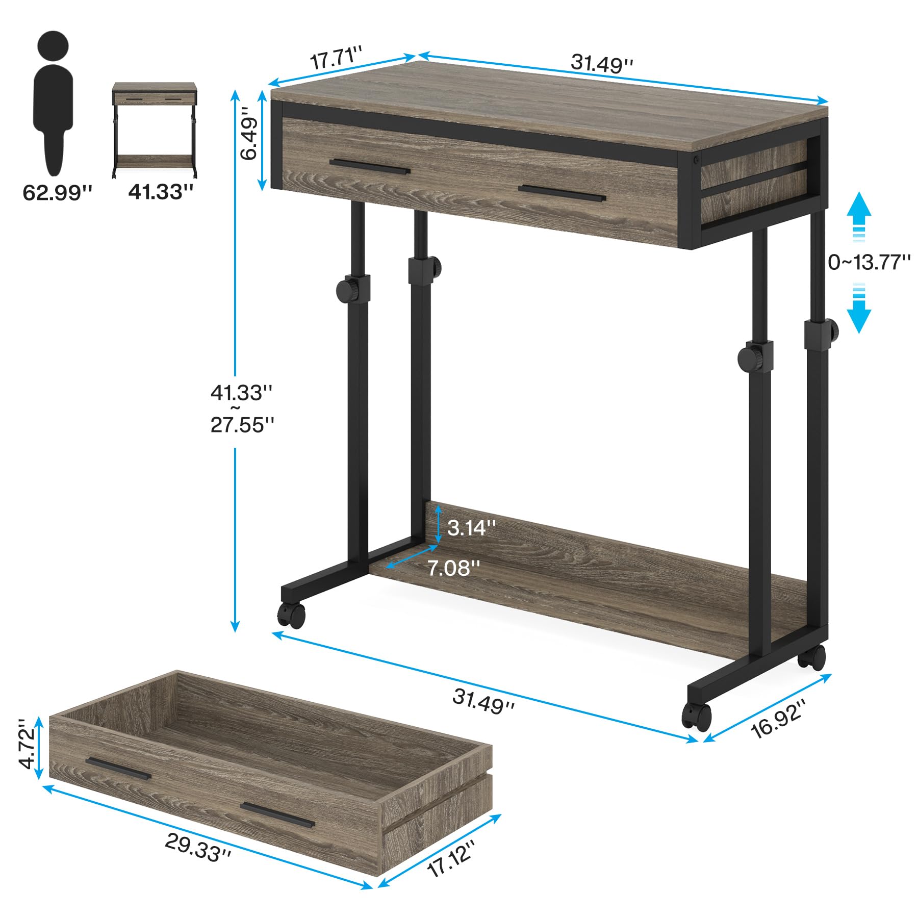 Tribesigns Portable Desk with Drawers, Mobile Laptop Desk with Wheels, Couch Desk Sofa Side Table Bed Desk, Small Standing Desk for Home Office (Retro Grey) - WoodArtSupply