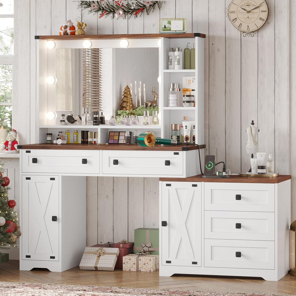 Hasuit Farmhouse Makeup Vanity Desk with Hollywood Makeup Mirror, 56.5" Large Vanity Desk with Charging Station, Vanity Table with Open Shelves & 5 Drawers & 2 Cabinets for Bedroom, Lights Adjustable Hasuit