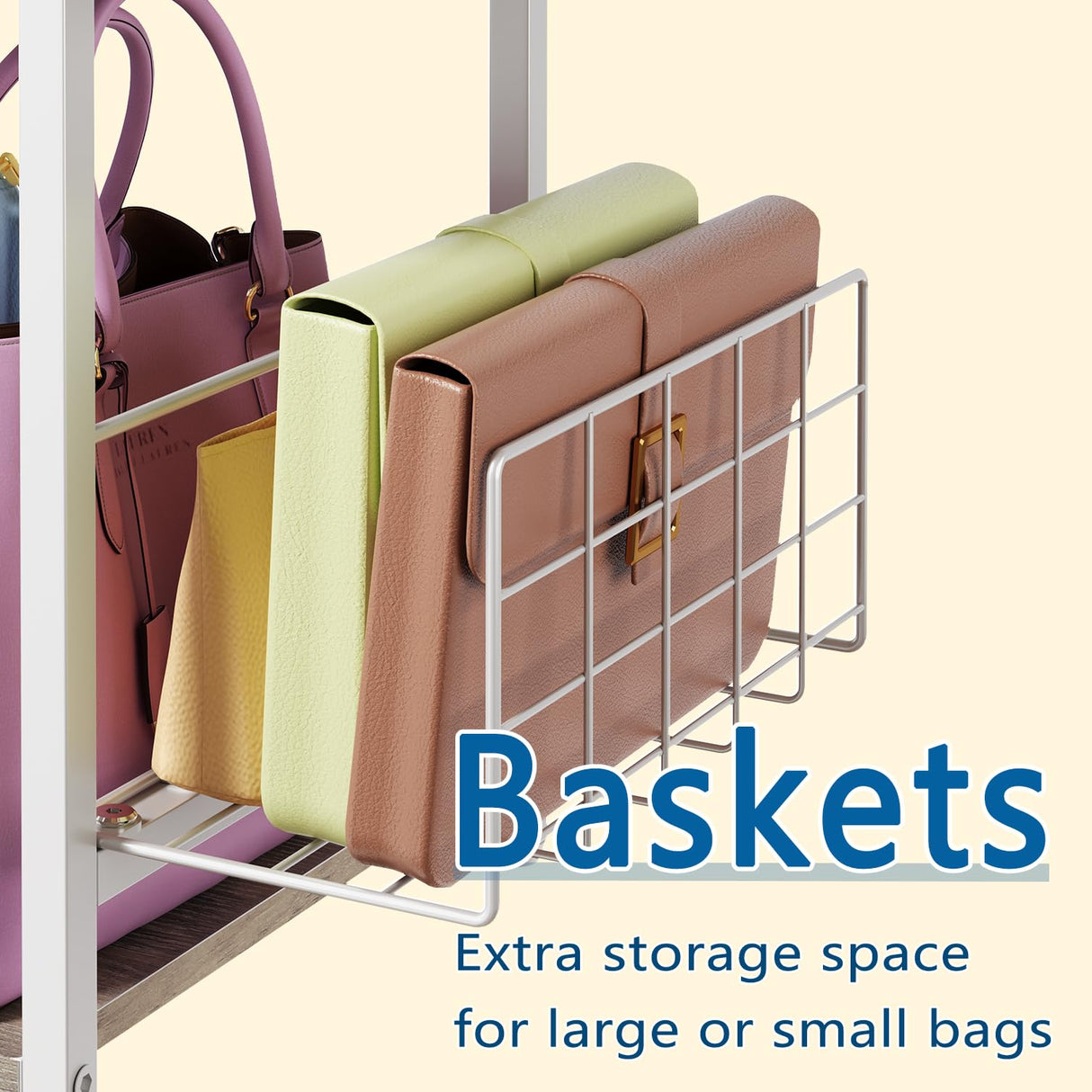White Purse Organizer, 3-Tier Floor Standing Bag Rack Stand Featuring Side Hooks and Baskets, Adjustable Feets, High Capacity Metal & Wood Handbag Holder Design for Closet Storage, Patent Pending koozuuyk