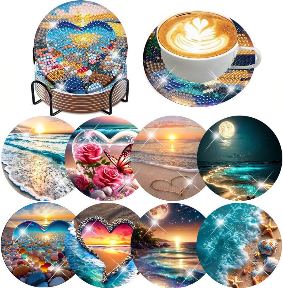 igoodom 8 Pcs Beach Diamond Art Coasters Kit with Holder, DIY Beach Diamond Painting Coasters for Beginners Adults, Non Slip Diamond Art Kits Craft Supplies 4x4inch igoodom