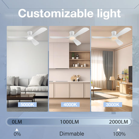 52in Smart Low Profile Ceiling Fans with Lights Remote,Quiet DC Motor,Outdoor Indoor Flush Mount Ceiling Fan,Control with WIFI Alexa App,Dimmable,6-speed,3 White Wood blades,for Modern Bedroom Patio Hoenofly