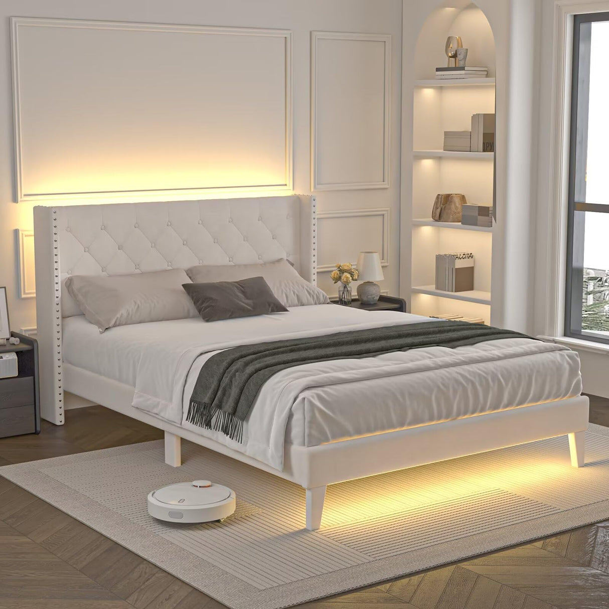Lihimte Full Size Bed Frame with Led Lights, Upholstered Velvet Platform Bed Frames with Button Tufted Wingback Headboard and Footboard, Wooden Slats Support, No Box Spring Needed, Beige Lihimte