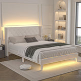 Lihimte Queen Size Bed Frame with Led Lights, Upholstered Velvet Platform Bed Frames with Button Tufted Wingback Headboard and Footboard, Wooden Slats Support, No Box Spring Needed, Beige Lihimte