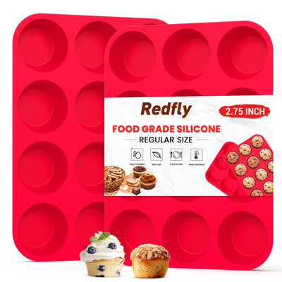 Redfly 2 Pack Silicone Muffin Pan for Baking, Silicone Cupcake Pan, Silicone Molds for Baking, Muffin Tin 12 Cup Regular Size, Silicone Cupcake Mold, BPA Free Silicone Muffin Cups, Silicone Egg Molds