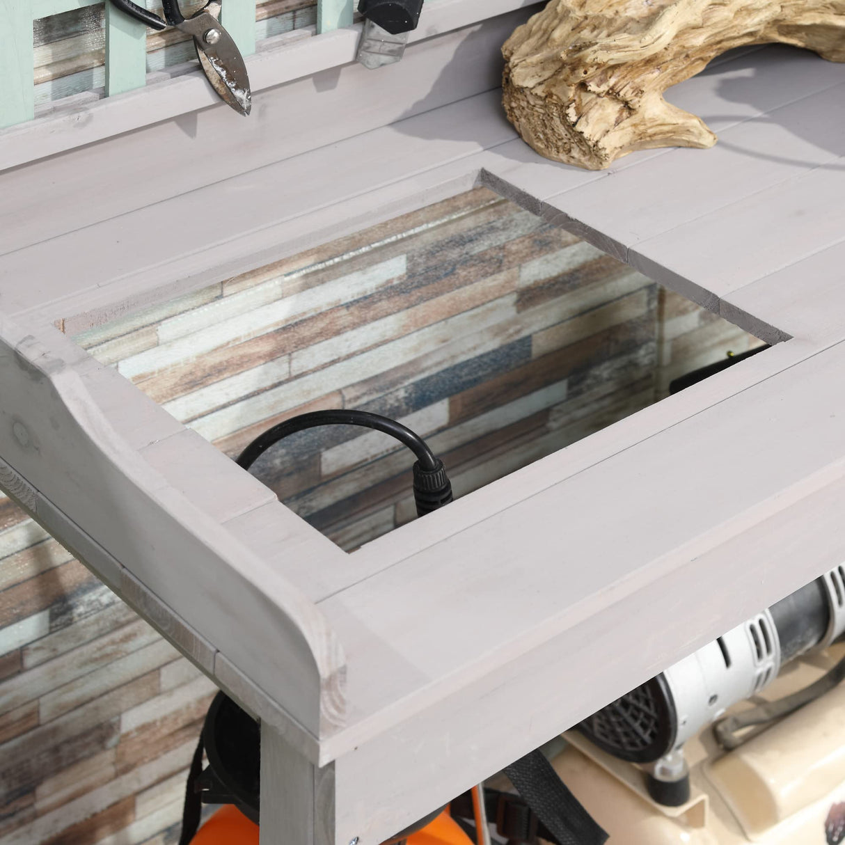 Outsunny Outdoor Wooden Potting Bench Table with Removable Sink, Garden Work Bench with Chalkboard, Drawer, Open Shelf Storage, Light Gray Outsunny