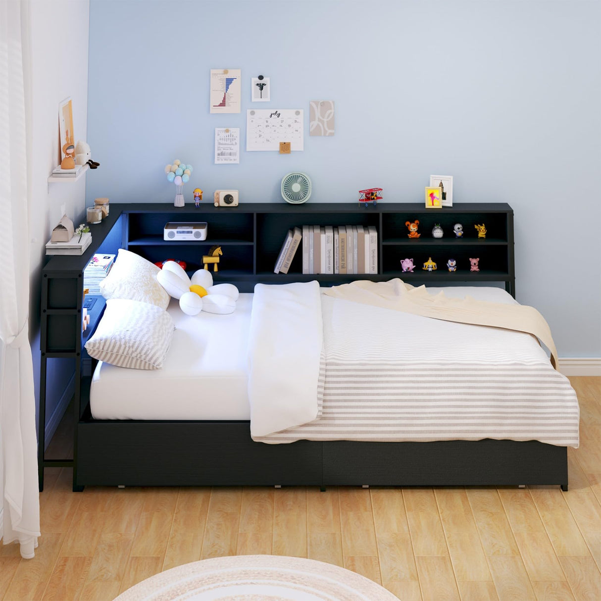 KEIKI Twin Size Corner Bed Frames with Storage Drawers, Charging Station, Led Light & Bookcase Headboard, Wooden & Metal L-Shaped Captain Daybed for Small Room, Bedroom, Guest Room, kids'Room, Black KEIKI