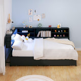 KEIKI Twin Size Corner Bed Frames with Storage Drawers, Charging Station, Led Light & Bookcase Headboard, Wooden & Metal L-Shaped Captain Daybed for Small Room, Bedroom, Guest Room, kids'Room, Black KEIKI