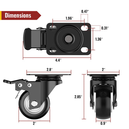 2 inch Caster Wheels Heavy Duty Swivel Casters with Safety Brake Total Capacity 600lbs (Set of 4) Good for Industrial or Furniture