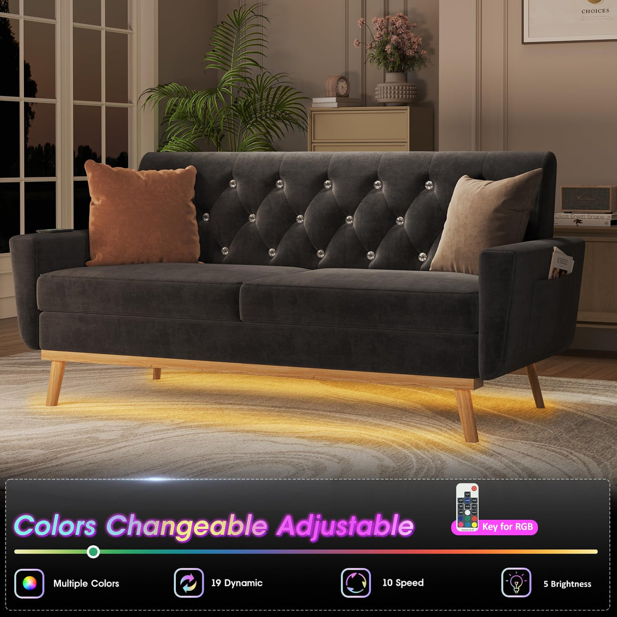 Fameill 65" Loveseat Sofa Couch, Mid Century Modern Love Seat Small Couch with Soft Cushion, LED Light, Crystal Button Tufted, Upholstered Comfy Small Couch for Living Room, Bedroom Fameill