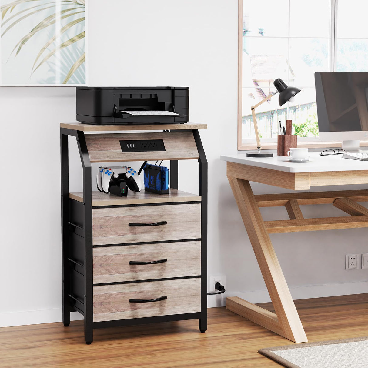 SZLHANJZ End Table with 3 Drawers, Night Stand with Charger Station and LED Lights, Small Nightstand with Fabric Storage, Farmhouse Side Table for Bedside, Living Room, Dorm, Greige SZLHANJZ