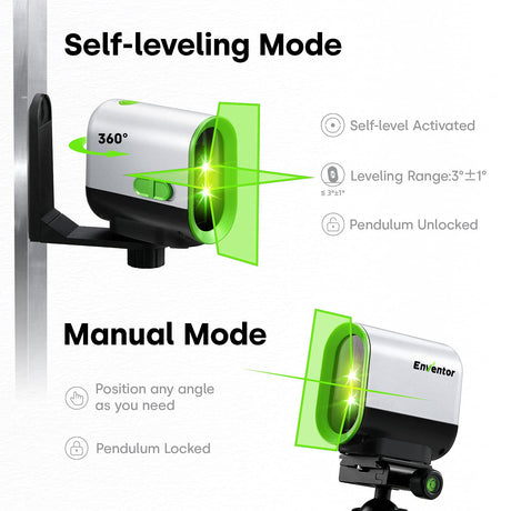 ENVENTOR Green Laser Level, 164FT USB Rechargeable Li-ion Battery 360° Self Leveling Laser Level for Wall Picture Hanging, Waterproof Cross Line Laser Tool Outdoor with Pulse Mode, Magnetic Base Enventor