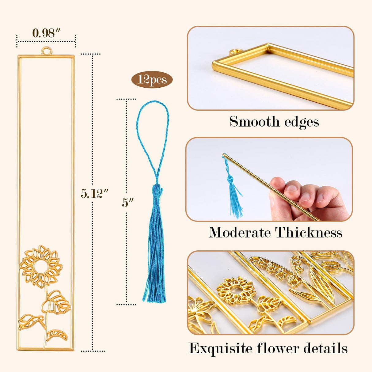 LET'S RESIN 12pcs Bookmark Bezels for Resin with Tassels, UV Resin Molds for DIY Bookmarks(6 Flowers and 6 Blank Frames), Metal Bookmark Bezels Bulk for Craft Supplies, Birthday Gifts, Custom LET'S RESIN