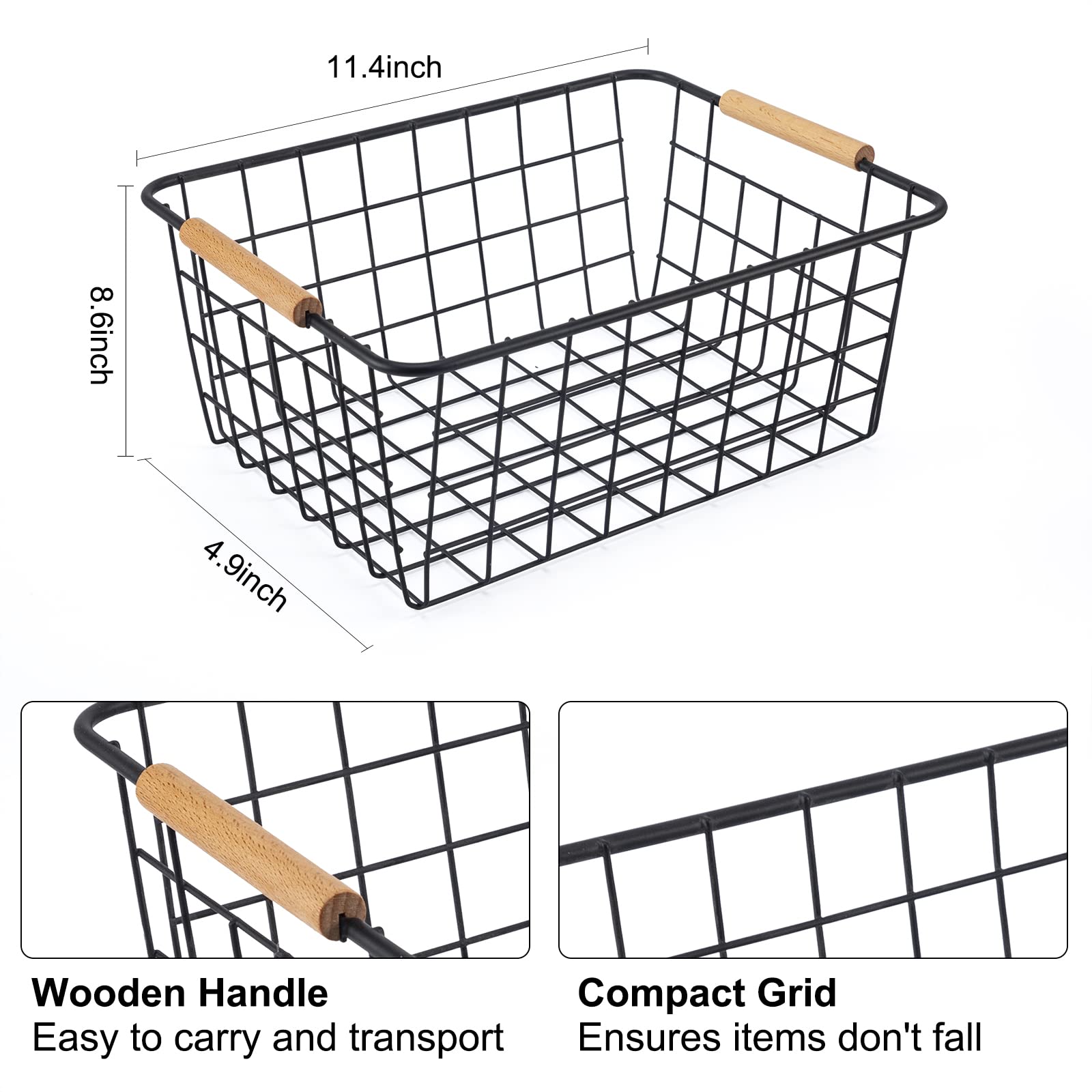 Wire Basket 2 Pcs Wire Storage Baskets Wire Baskets Organizing with Wooden Handles Wire Basket Pantry Organization and Storage Metal Wire Food Storage Basket for Kitchen, Cabinets (Black 2PCS - WoodArtSupply