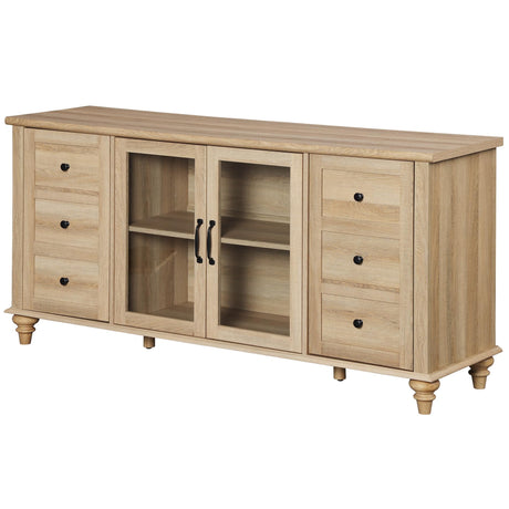 WAMPAT Glass Door Farmhouse TV Stand for TVs Up to 75 inch, Wood Universal TV Console Table with 4 Storage Cabinets, Entertainment Center for 32-75 inch TV Console Cabinet, 58'',Oak WAMPAT