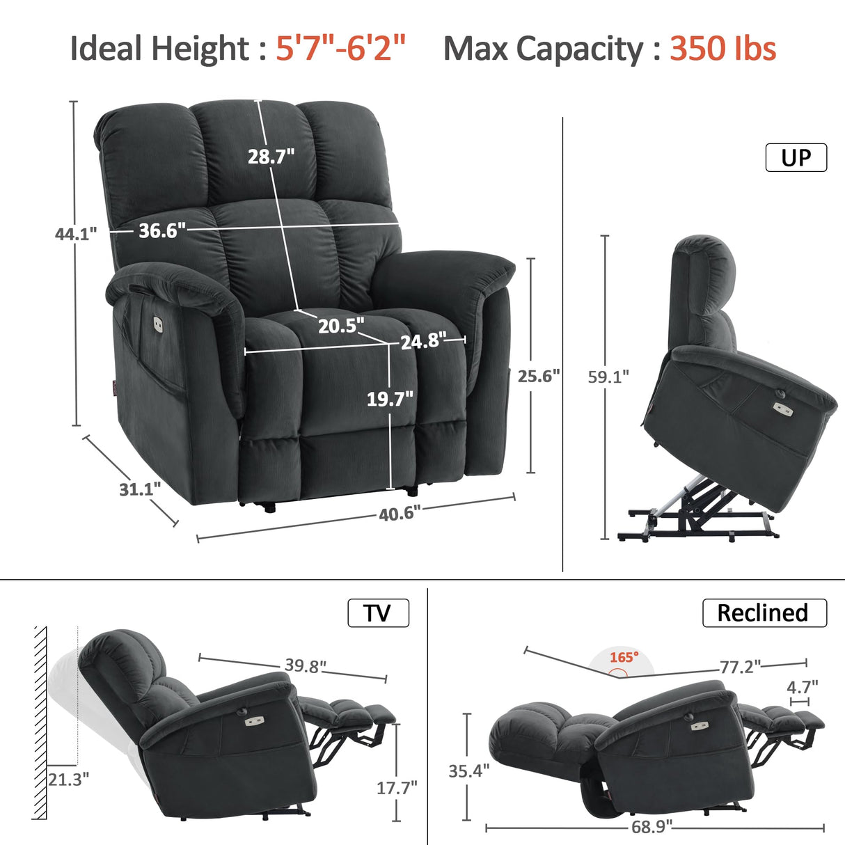 MCombo Large-Wide Dual Motor Power Lift Recliner Chair, Massage and Dual Heating for Elderly People, Infinite Position, Fabric R7166 (Dark Grey) MCombo