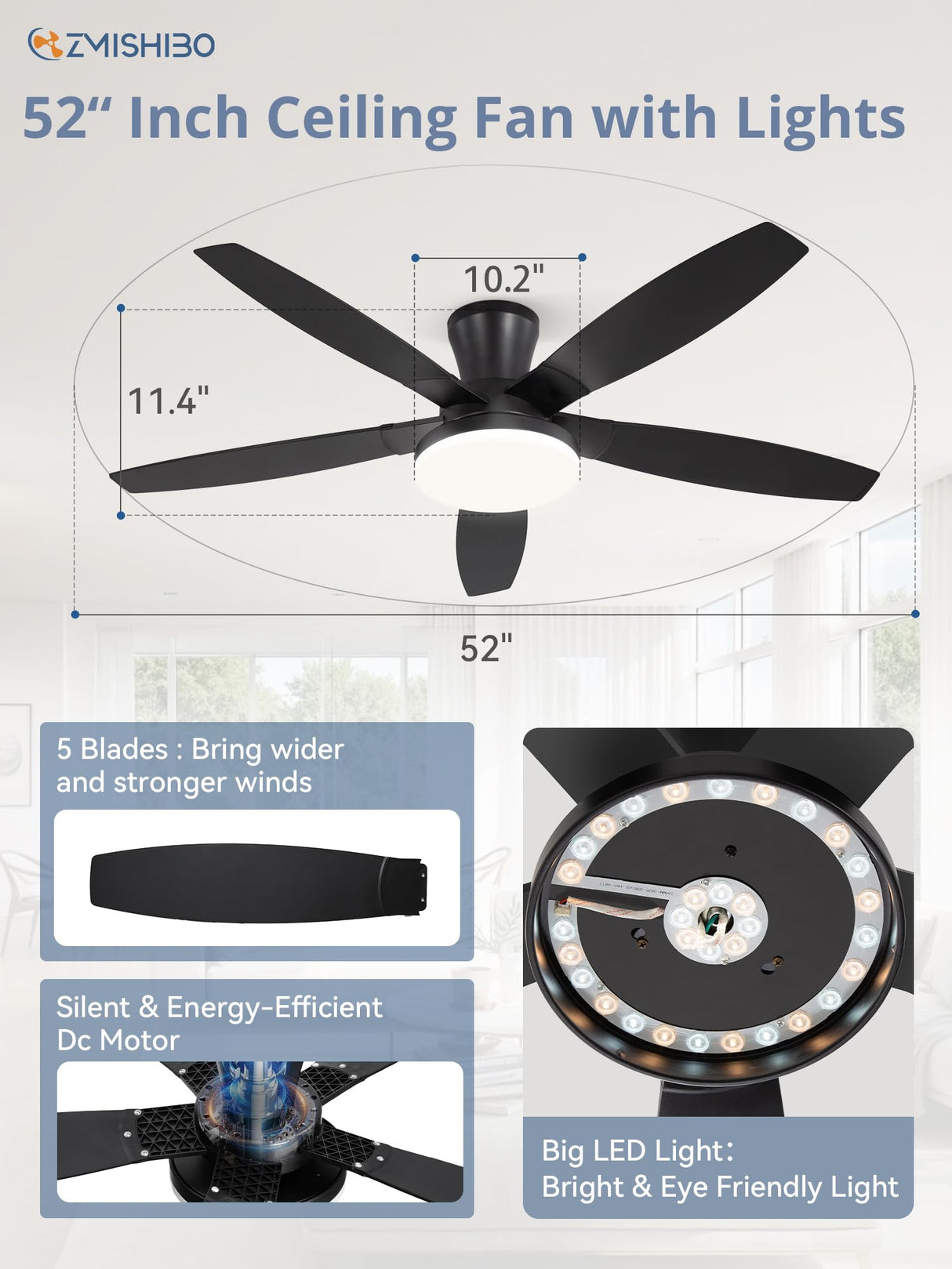 ZMISHIBO 52 inch Ceiling Fans with Lights and Remote/APP Control,Black Low Profile Ceiling Fan with Light,Quiet DC Motor,LED Dimmable, Modern Flush Mount Ceiling Fan for Bedroom Indoor/Outdoor Patio ZMISHIBO