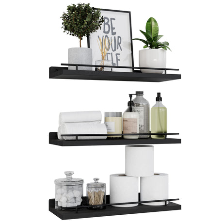 WOPITUES Floating Shelves with Black Metal Guardrail, Shelves for Wall Decor Set of 3, Wall Shelves for Bedroom, Bathroom, Kitchen, Living Room, Plants, Picture Frames, Art- Black WOPITUES