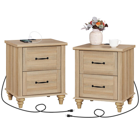WAMPAT Night Stands for Bedrooms Set of 2 End Tables with Charging Station, 2 Drawer Nightstand Wooden Bedside Table, Farmhouse Side Table for Living Room, Oak WAMPAT