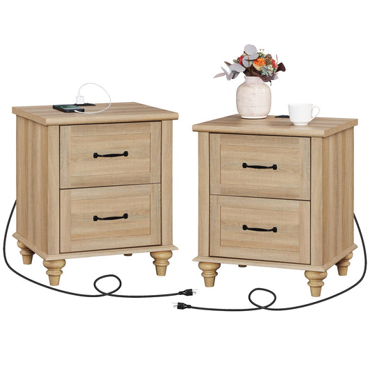 WAMPAT Night Stands for Bedrooms Set of 2 End Tables with Charging Station, 2 Drawer Nightstand Wooden Bedside Table, Farmhouse Side Table for Living Room, Oak