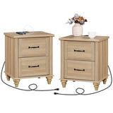 WAMPAT Night Stands for Bedrooms Set of 2 End Tables with Charging Station, 2 Drawer Nightstand Wooden Bedside Table, Farmhouse Side Table for Living Room, Oak WAMPAT