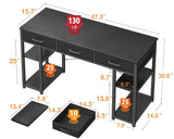 ODK Office Small Computer Desk: Home Table with Fabric Drawers & Storage Shelves, Modern Writing Desk, Black, 48"x16" ODK
