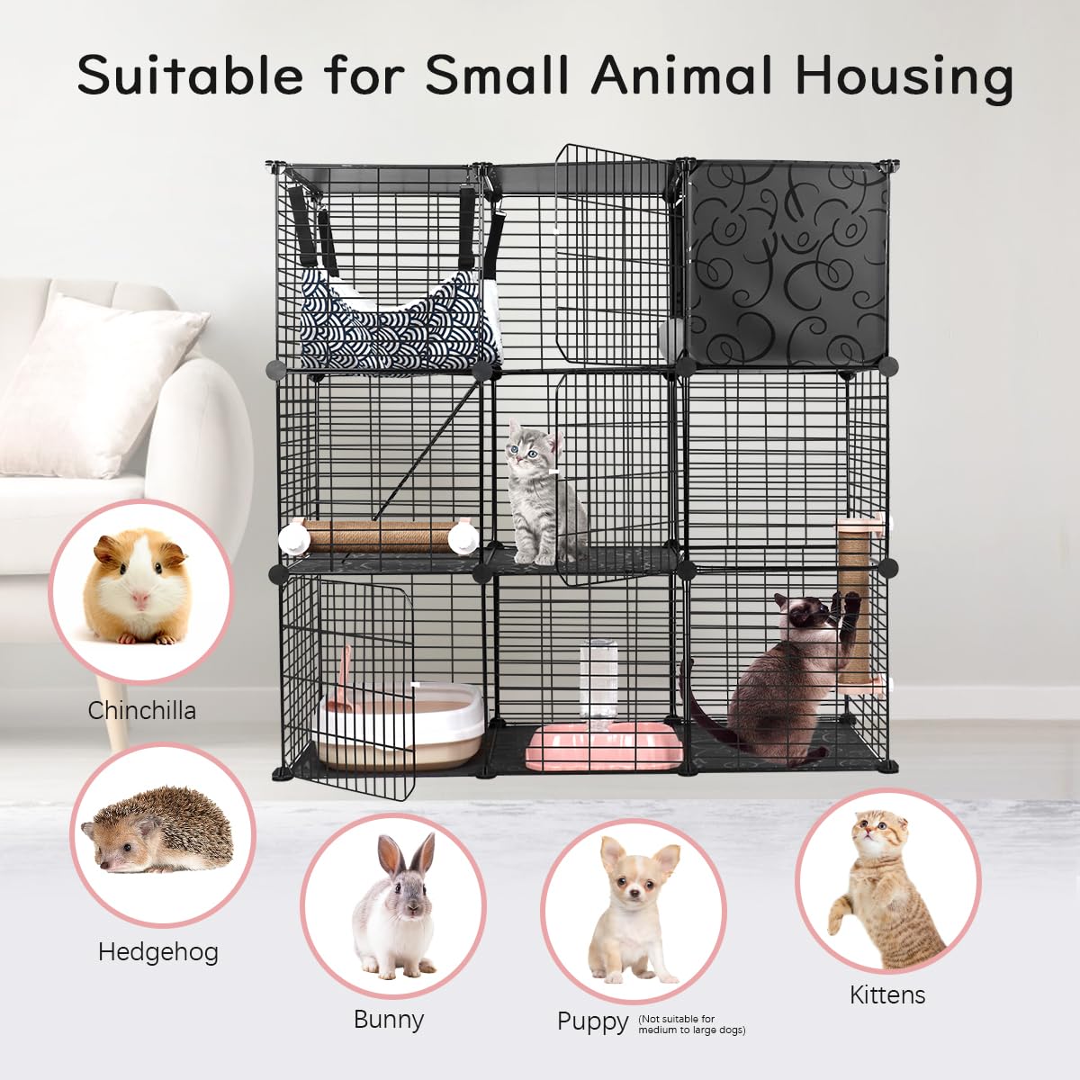 BriSunshine Cat Cages Indoor, 3 Tier DIY Cat Enclosure with Large Hammock, Metal Wire Pet House Kennels Crate Catio with Litter Box, Bed, Scratchers, Bowl, Stairs for 1-2 Cats BriSunshine