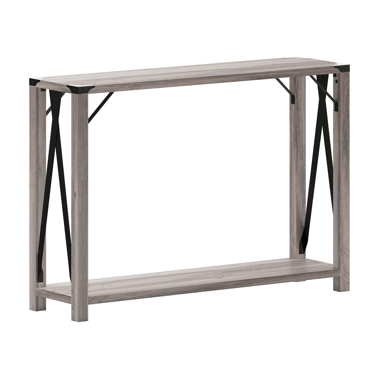 Taylor & Logan Willard Gray Wash Wood Two Tier Modern Farmhouse Console Table with Black Metal Corner Accents and Cross Bracing Taylor & Logan