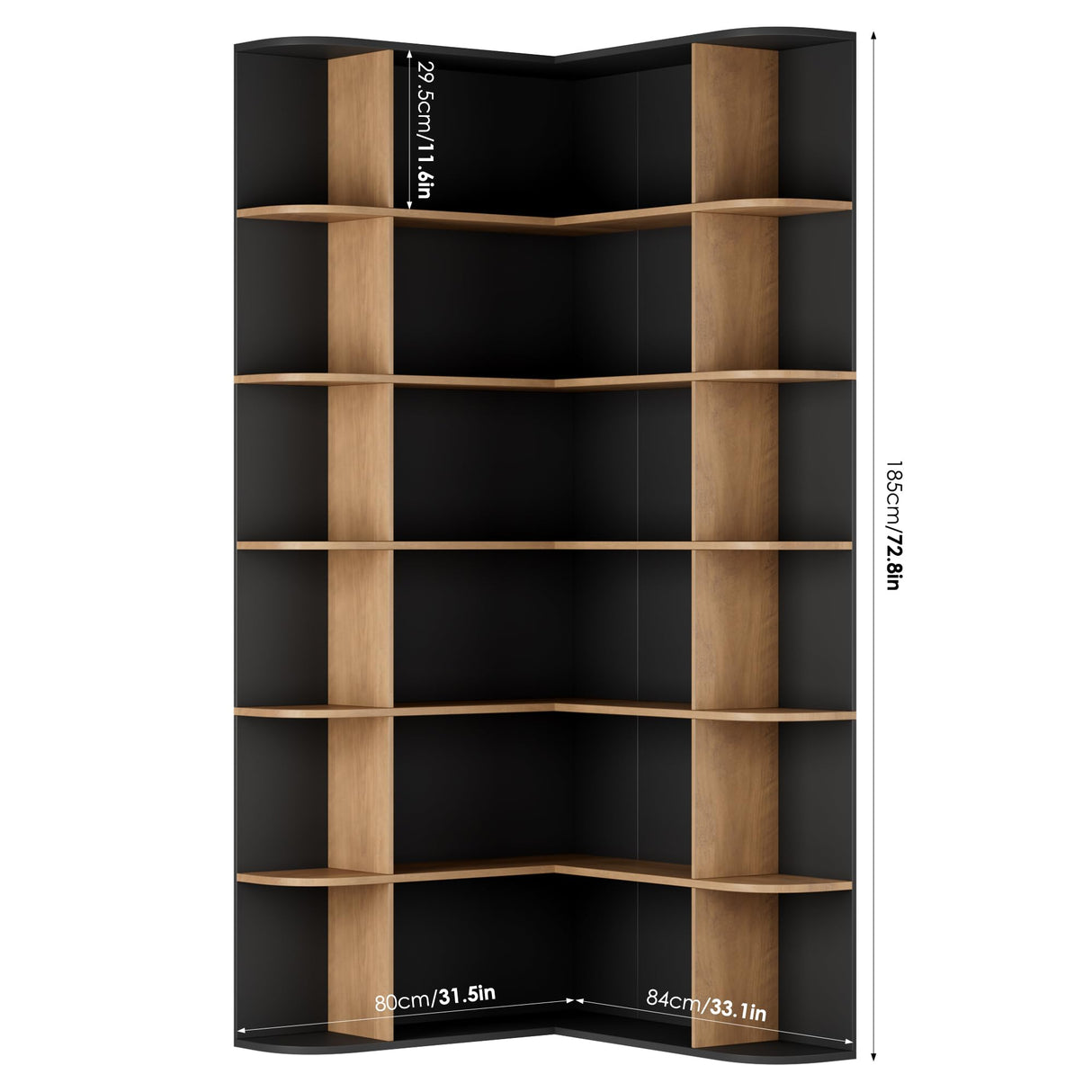 FOTOSOK 74” Tall Corner Bookshelf, 6-Tier Bookshelf and Bookcase with Open Storage, Tall Bookcases Wooden Storage Shelves for Home Office, Thickened Boards for Better Load Bearing, Black/Brown FOTOSOK