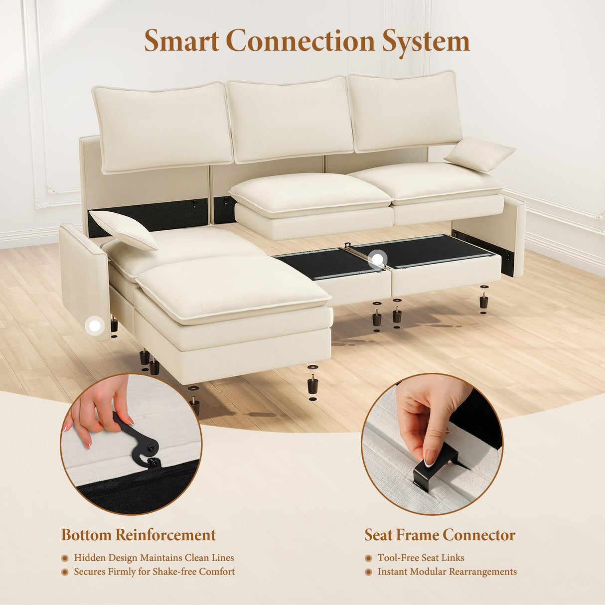 Vesgantti 108" U Shaped Sectional Couch, Comfy Cloud Modular Sectional Sofa with 2 Ottoman Deep Seat Chenille Modern Cloud Sofa, Modular Sofas for Living Room, Bedroom and Apartment, Beige Vesgantti