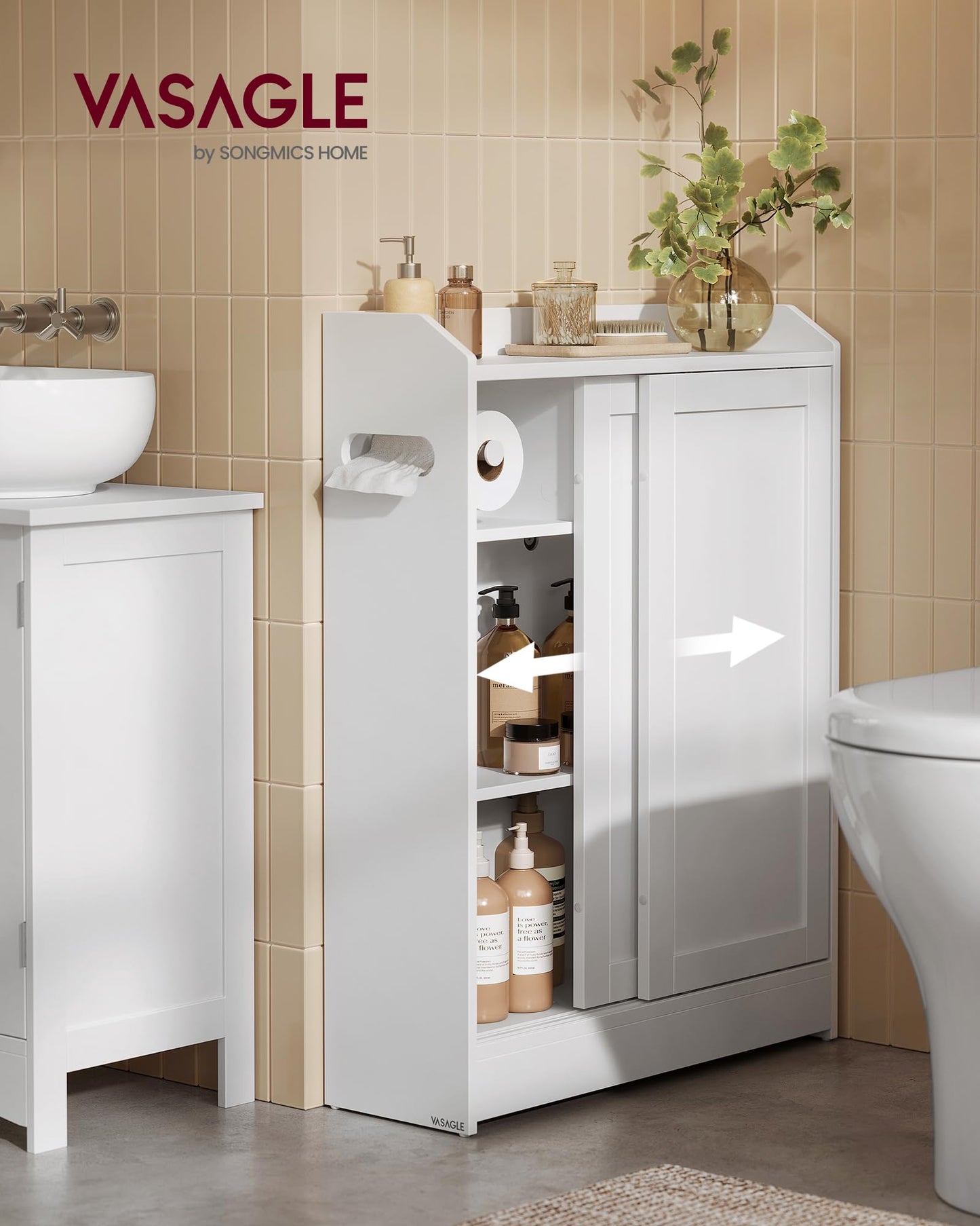 VASAGLE Bathroom Cabinet, Slim Bathroom Storage Cabinet, Toilet Paper Holder and Brush Compartment, Sliding Doors, Adjustable Shelves, Next to Toilet, 7.9 x 23.6 x 31.5 Inches, Cloud White UBBC752W01