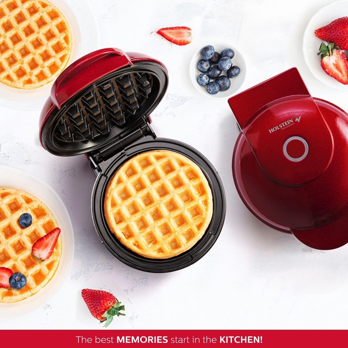 Holstein Housewares Personal Non-Stick Waffle Maker, Metallic Red - 4-inch Waffles in Minutes Holstein Housewares