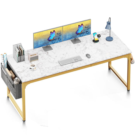 ODK Computer Desk Large Office Desk, 63 Inch Gaming Desk with Storage, Modern PC Desk Work Table with Headphone Hook for Home Office, Splice Board, White Marble + Gold Leg ODK