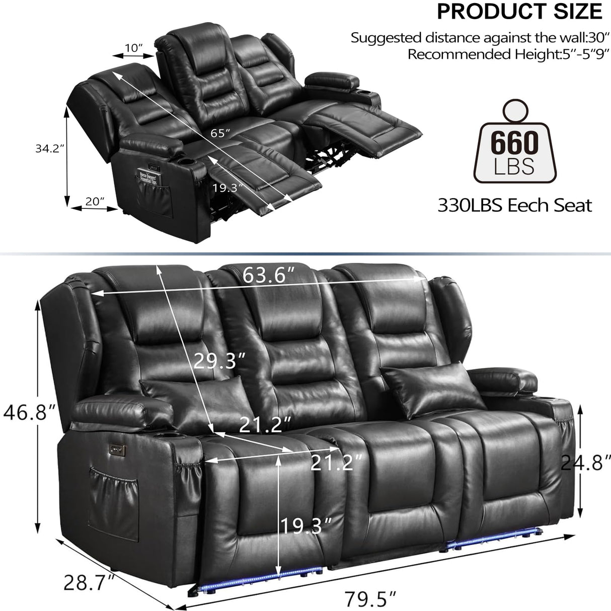 SAMERY Power Loveseat Recliner Sofa with Flip Backrest, Electric Reclining Loveseat Sofa RV Couch 3 Seater with USB Ports/Power Outlets/LED Light/Cup Holders/Pockets/Pillows for Living Room RV SAMERY
