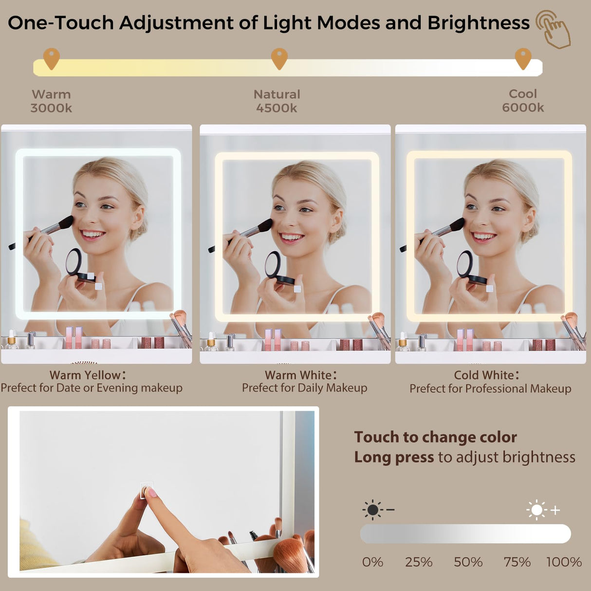 ANWBROAD Vanity Desk with Mirror and Lights 3 Colors 43.3" Makeup Vanity with RGB Lights and Power Strip Large Vanity Set with 3 Drawers 2 Cabinets White Dressing Table Stool for Women Bedroom UBDT78W ANWBROAD