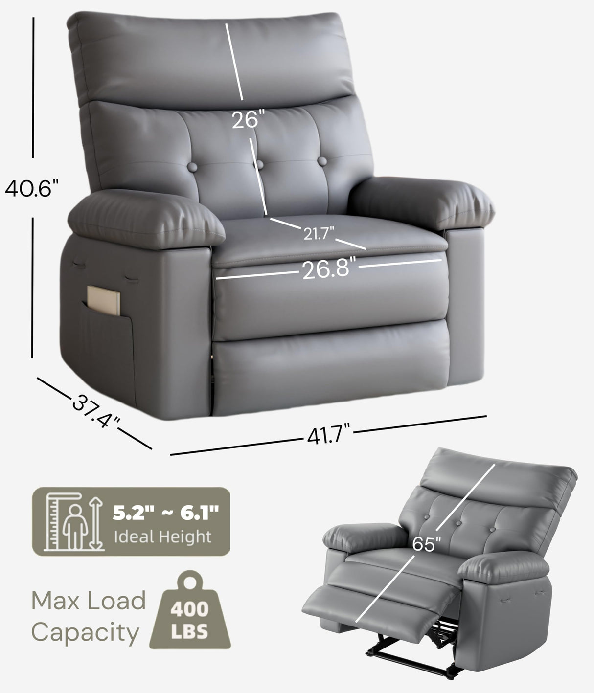 GarveeHome Oversized Wide Recliner Chair - Heat and Massage, Faux PU Leather Large Manual Recliner for Adults, Lazy Chair with 1.5X Sponge Comfort Arm and Back for Living Room, Bedroom GarveeHome