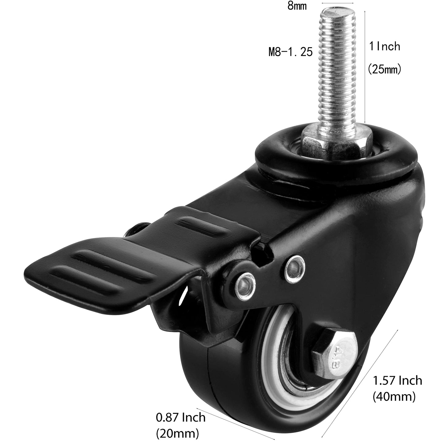 1.5 Inch Swivel Caster Wheels Set of 4, YEEMIGO Locking Casters Heavy Duty Total Capacity 330lbs, Metric M8×25mm Threaded Stem PU Casters with Brake, Castors for Hardwood Floor Carpet