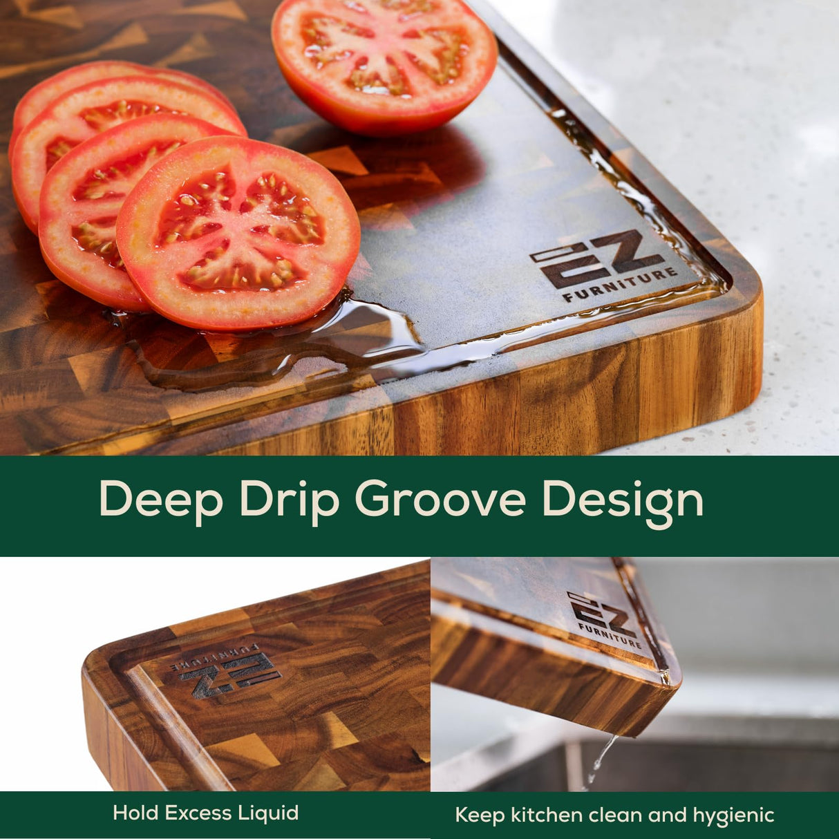 EZ FURNITURE 17 x 13 Inch Acacia Wood Cutting Board, End Grain with Juice Groove and Handles, Knife Friendly, Reversible, Suitable for Chopping Meat, Vegetables, Aesthetics for The Kitchen EZ FURNITURE